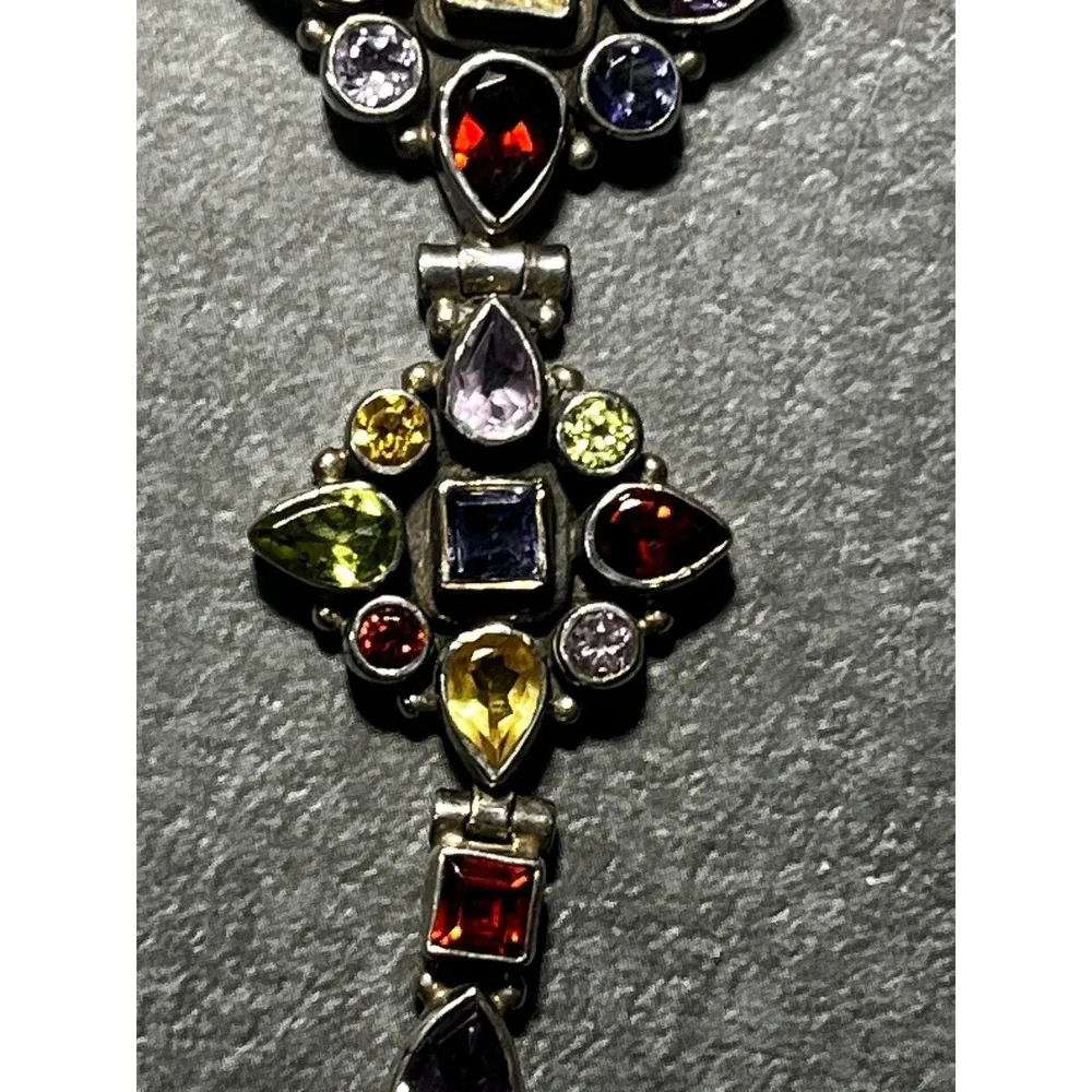 Sterling Silver Multi Gemstone Drop Pendant 925 Amethyst Peridot Garnet Boho
